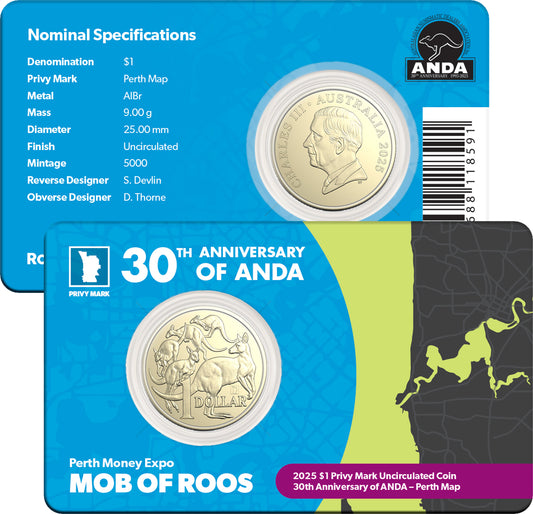 2025 $1 ANDA Perth 30th Anniversary of ANDA Perth Map Privy Mark Uncirculated Coin