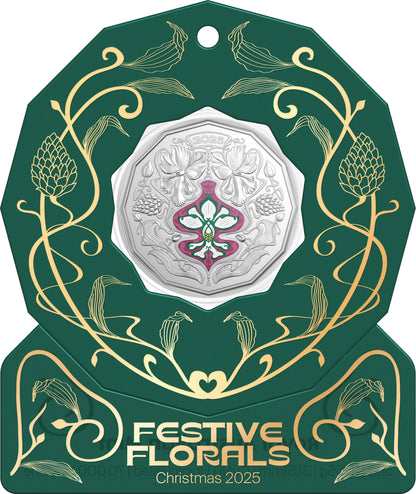 2025 50c Christmas Festive Florals Coloured Uncirculated Coin