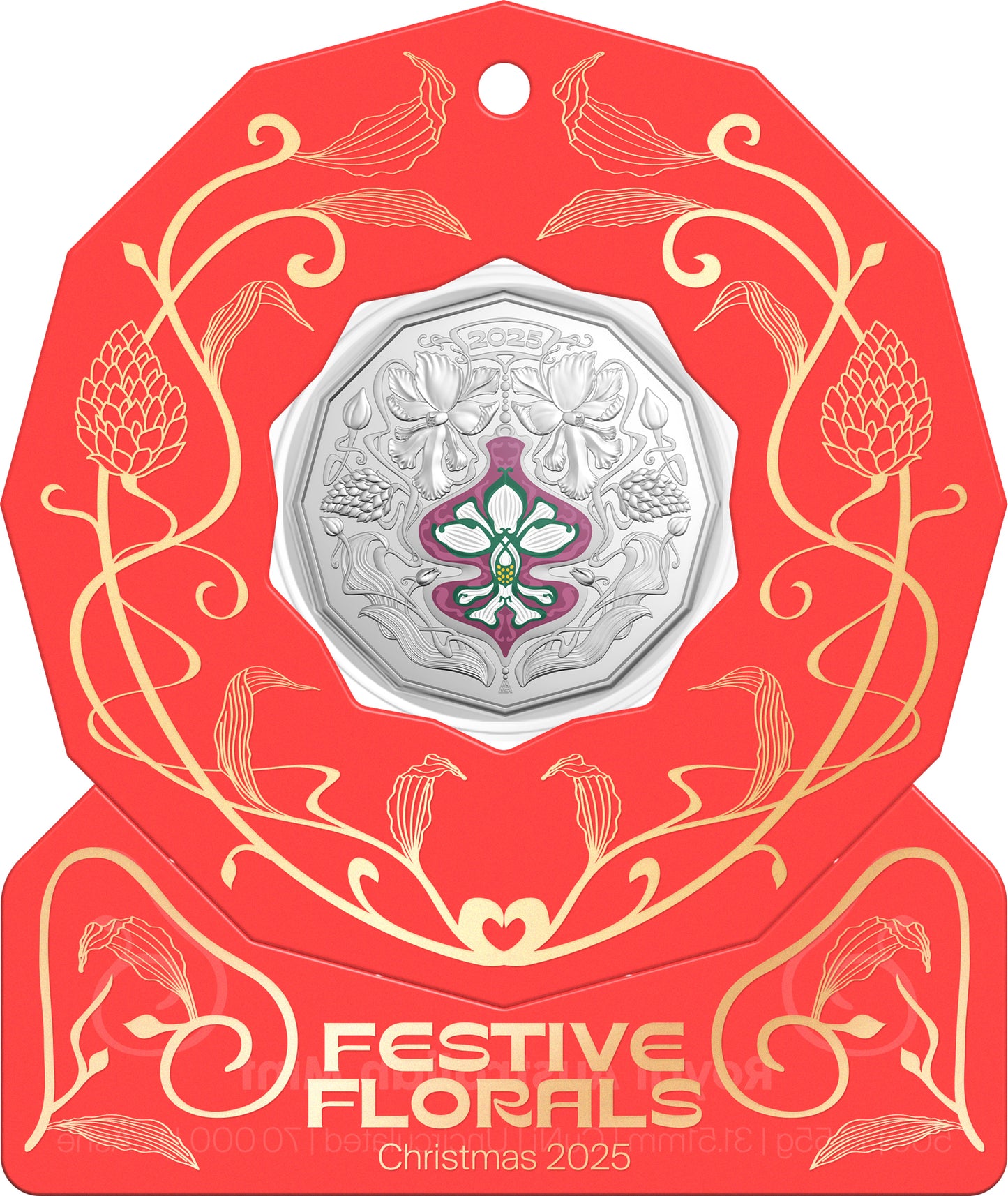 2025 50c Christmas Festive Florals Coloured Uncirculated Coin
