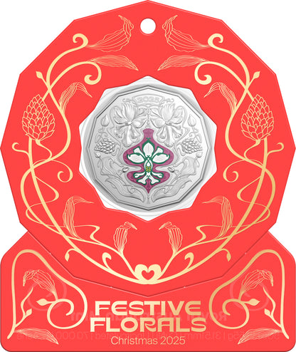 2025 50c Christmas Festive Florals Coloured Uncirculated Coin