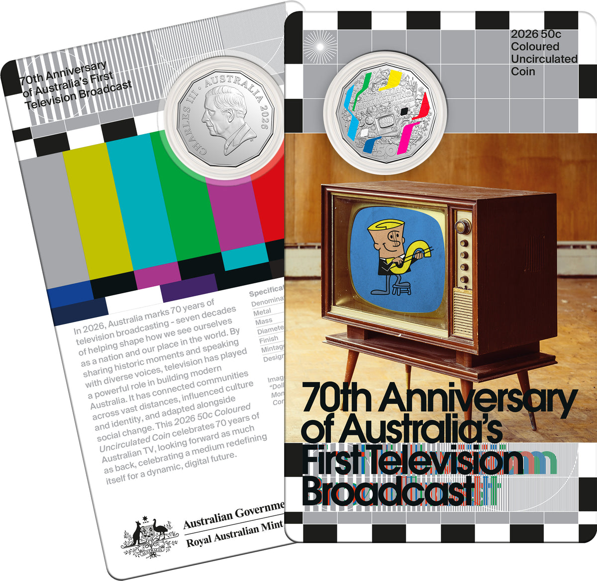 2026 50c 70th Anniversary of Australia's First Television Broadcast Coloured Uncirculated Coin