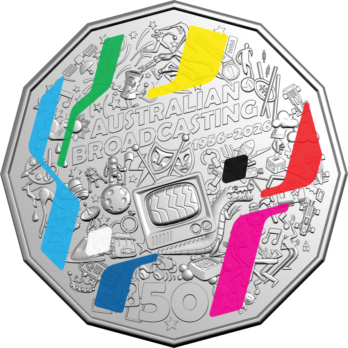2026 50c 70th Anniversary of Australia's First Television Broadcast Coloured Uncirculated Coin