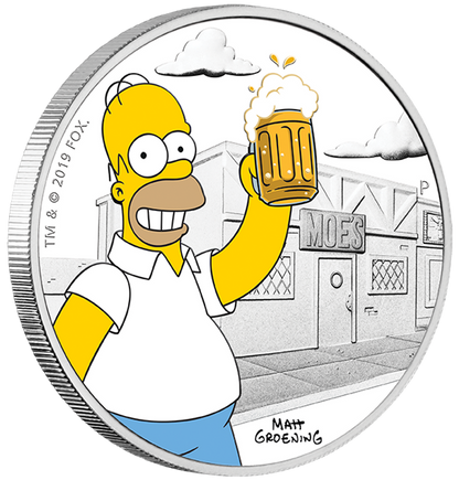 Tuvalu 2019 $1 The Simpsons Homer Simpson 1oz Silver Coloured Proof Coin