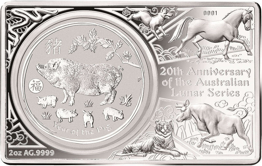 2019 $1 20th Anniversary of The Australian Lunar Series Year of The Pig 3oz Silver Coin & Bar Set