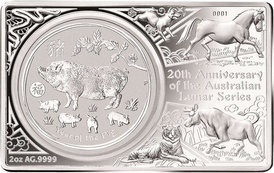 2019 $1 20th Anniversary of The Australian Lunar Series Year of The Pig 3oz Silver Coin & Bar Set