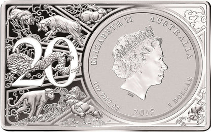 2019 $1 20th Anniversary of The Australian Lunar Series Year of The Pig 3oz Silver Coin & Bar Set