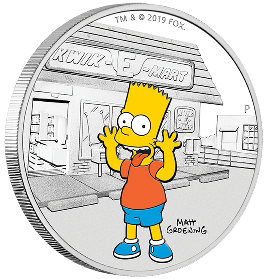 Tuvalu 2019 $1 The Simpsons Bart Simpson 1oz Silver Coloured Proof Coin