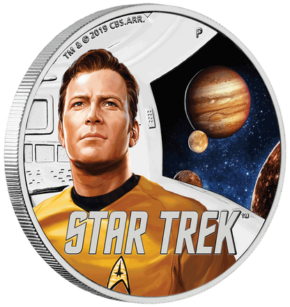 Tuvalu 2019 $1 Star Trek Captain Kirk and Jupiter 1oz Silver Coloured Proof Coin