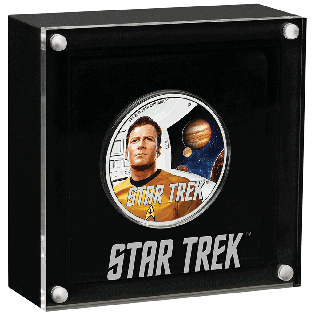 Tuvalu 2019 $1 Star Trek Captain Kirk and Jupiter 1oz Silver Coloured Proof Coin
