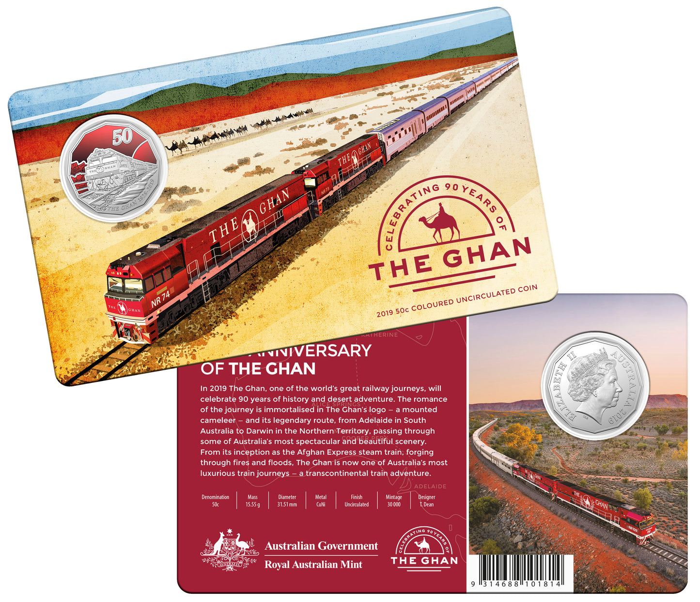 2019 50c The Ghan Celebrating 90 Years Coloured Uncirculated Coin