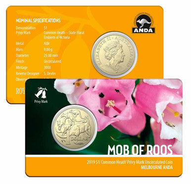 2019 $1 ANDA Melbourne Mob of Roos 'Common Heath' Privy Mark Uncirculated Coin