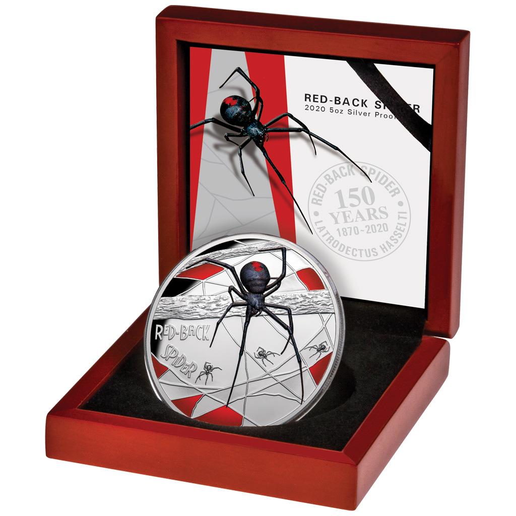 Niue 2020 $10 WMF Berlin Deadly and Dangerous Red Back Spider 5oz Silver Coloured Proof Coin