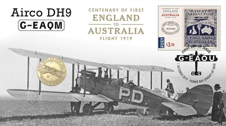 2019 $1 Centenary of First England to Australia Flight Airco DH9 G-EAQM PNC