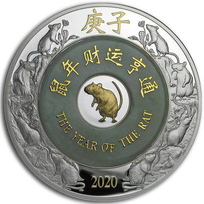 Laos 2020 2000 Kip Lunar Year of The Rat Selectively Gold Plated 2oz Silver Proof Jade Coin