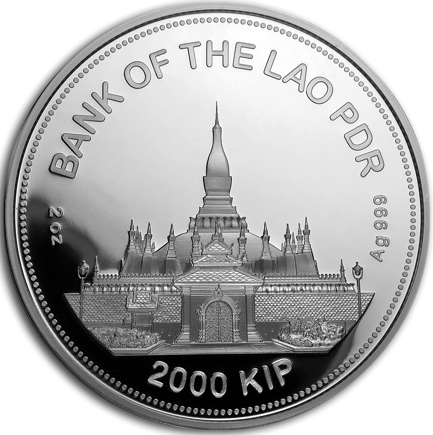 Laos 2020 2000 Kip Lunar Year of The Rat Selectively Gold Plated 2oz Silver Proof Jade Coin