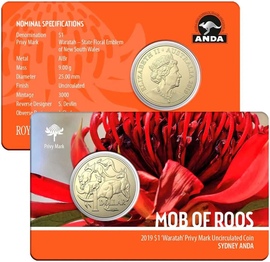 2019 $1 ANDA Sydney Mob of Roos 'Waratah' Privy Mark Uncirculated Coin