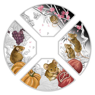 Tuvalu 2020 $1 Lunar Year of The Mouse 1oz Silver Coloured Proof 4 Coin Quadrant Set