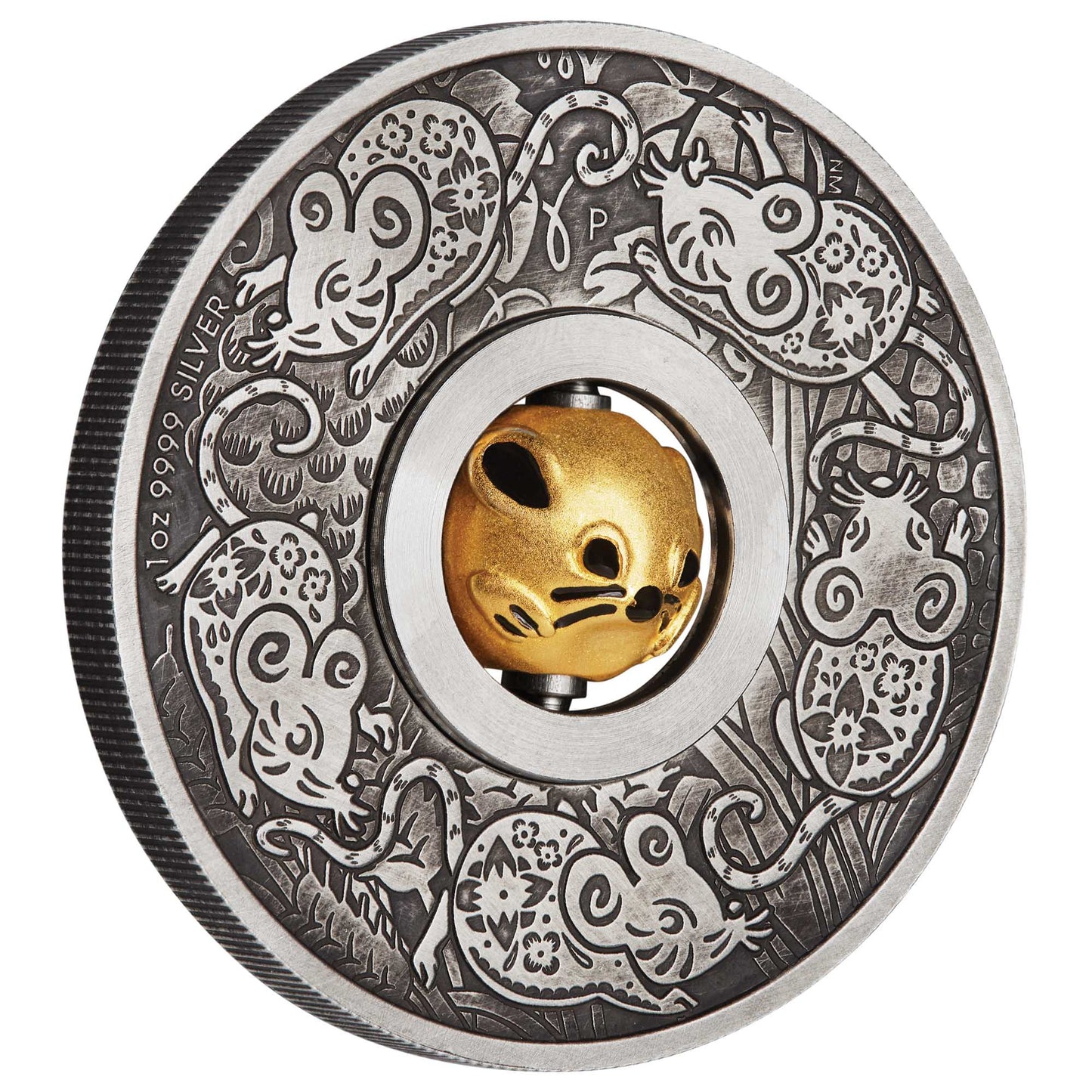 Tuvalu 2020 $1 Lunar Year of The Mouse Rotating Charm 1oz Silver Antiqued Coin