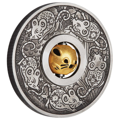 Tuvalu 2020 $1 Lunar Year of The Mouse Rotating Charm 1oz Silver Antiqued Coin