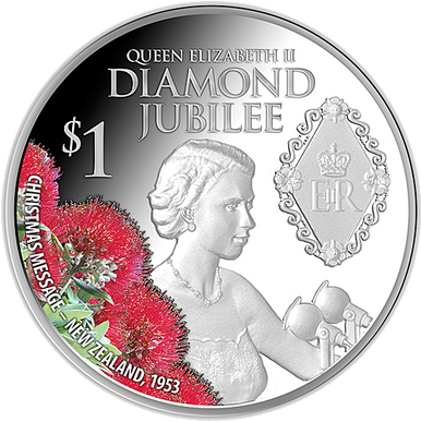 NZ 2012 $1 Queen Elizabeth Diamond Jubilee 1oz Silver Coloured Proof Coin
