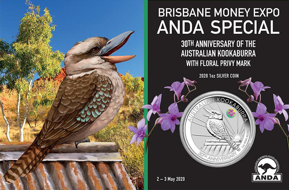 2020 $1 ANDA Brisbane 30th Anniversary of The Australian Kookaburra 'Floral' Privy Mark Uncirculated Coin