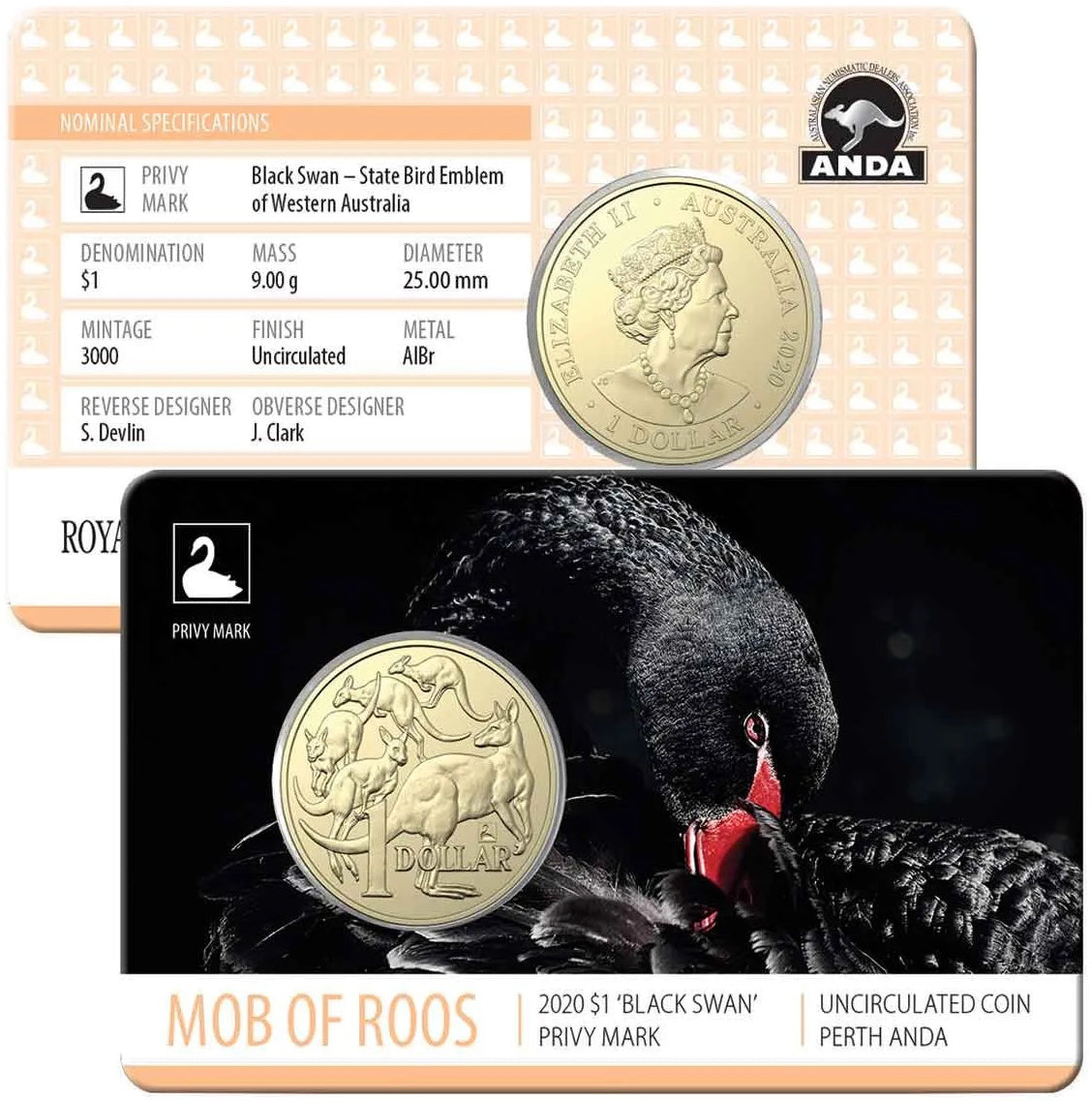 2020 $1 ANDA Perth Mob of Roos 'Black Swan' Privy Mark Uncirculated Coin