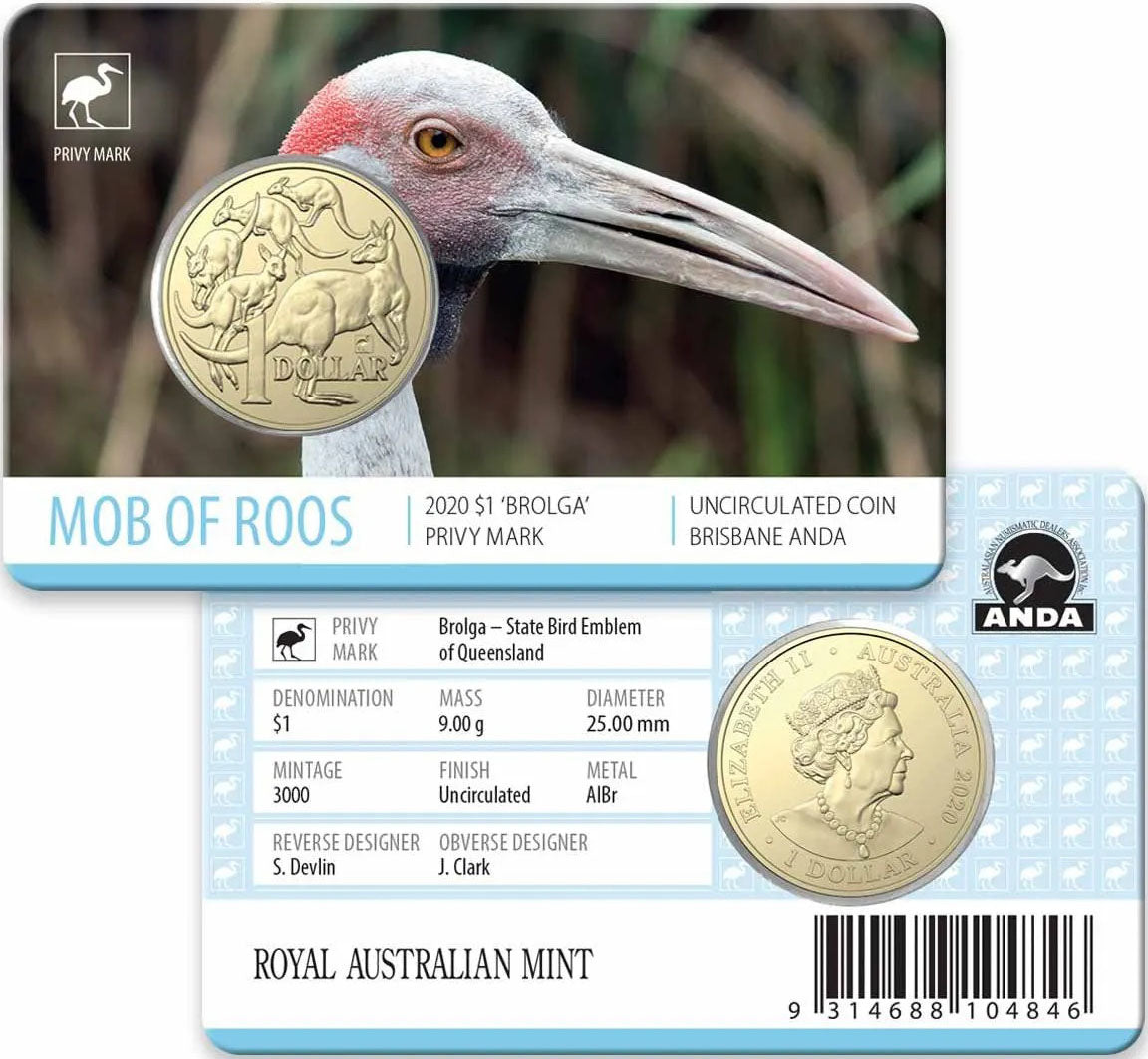2020 $1 ANDA Brisbane Mob of Roos 'Brolga' Privy Mark Uncirculated Coin