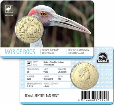 2020 $1 ANDA Brisbane Mob of Roos 'Brolga' Privy Mark Uncirculated Coin