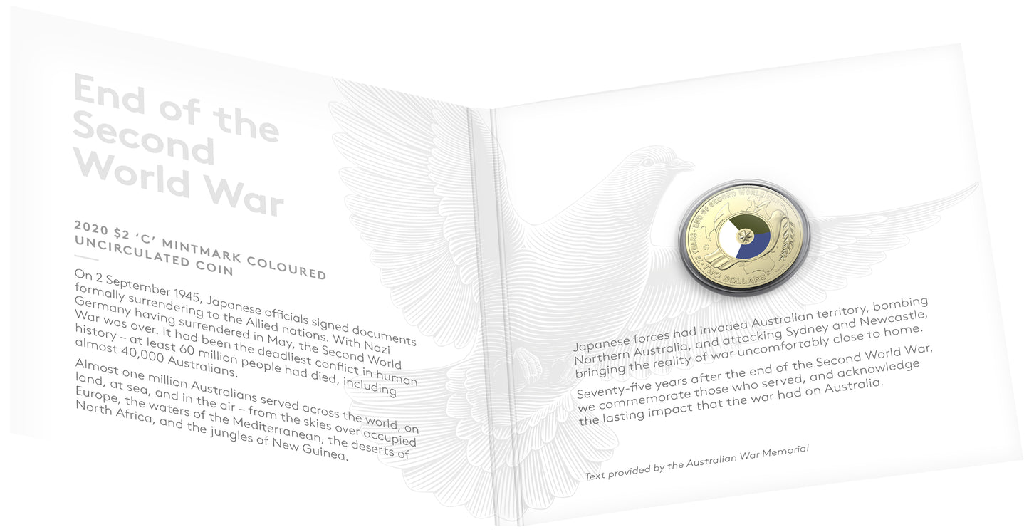 2020 $2 End of The Second World War 75th Anniversary 'C' Mintmark Coloured Uncirculated Coin