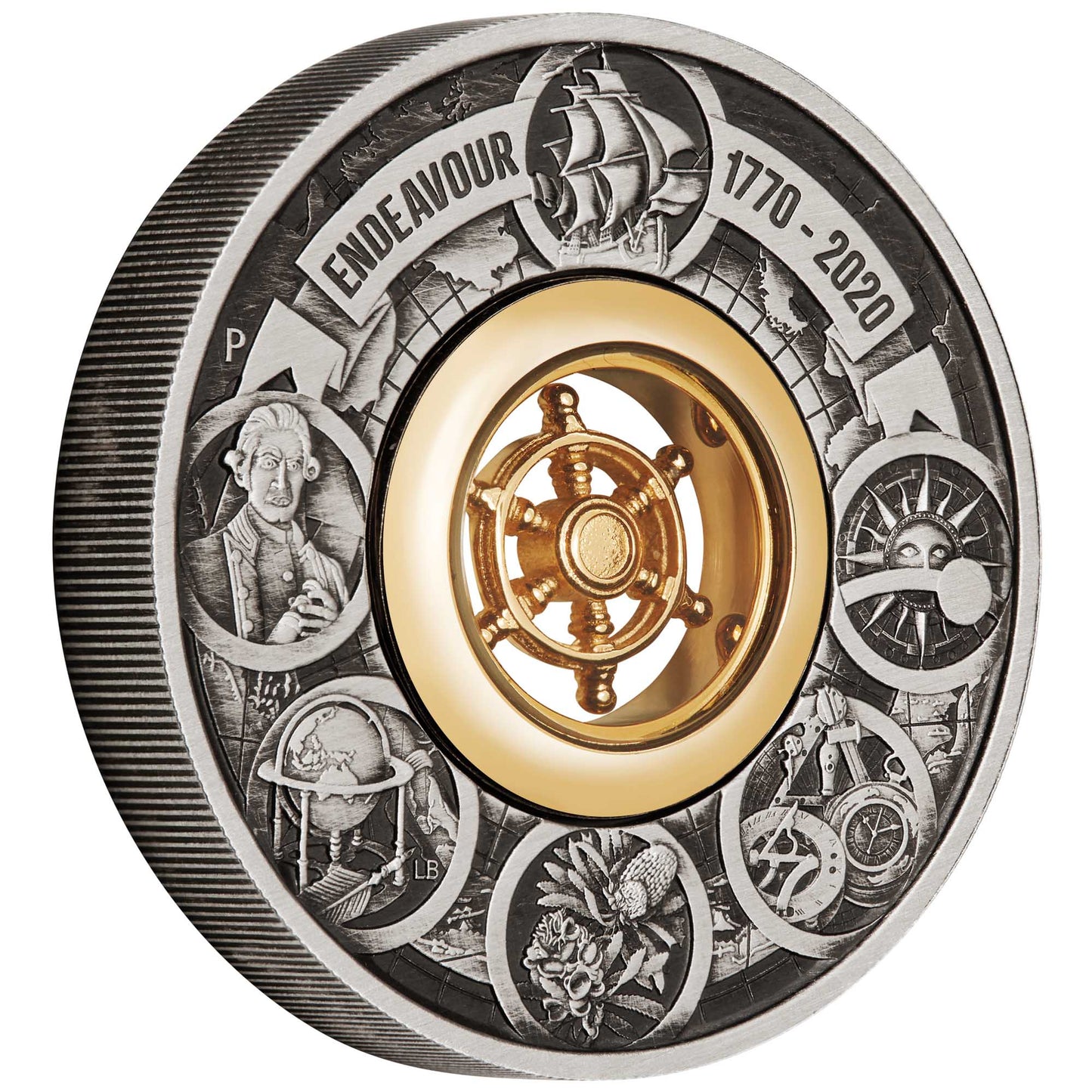 2020 $2 Voyage of Discovery Endeavour Rotating Helm 2oz Silver Antiqued Coin