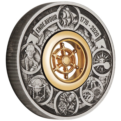 2020 $2 Voyage of Discovery Endeavour Rotating Helm 2oz Silver Antiqued Coin
