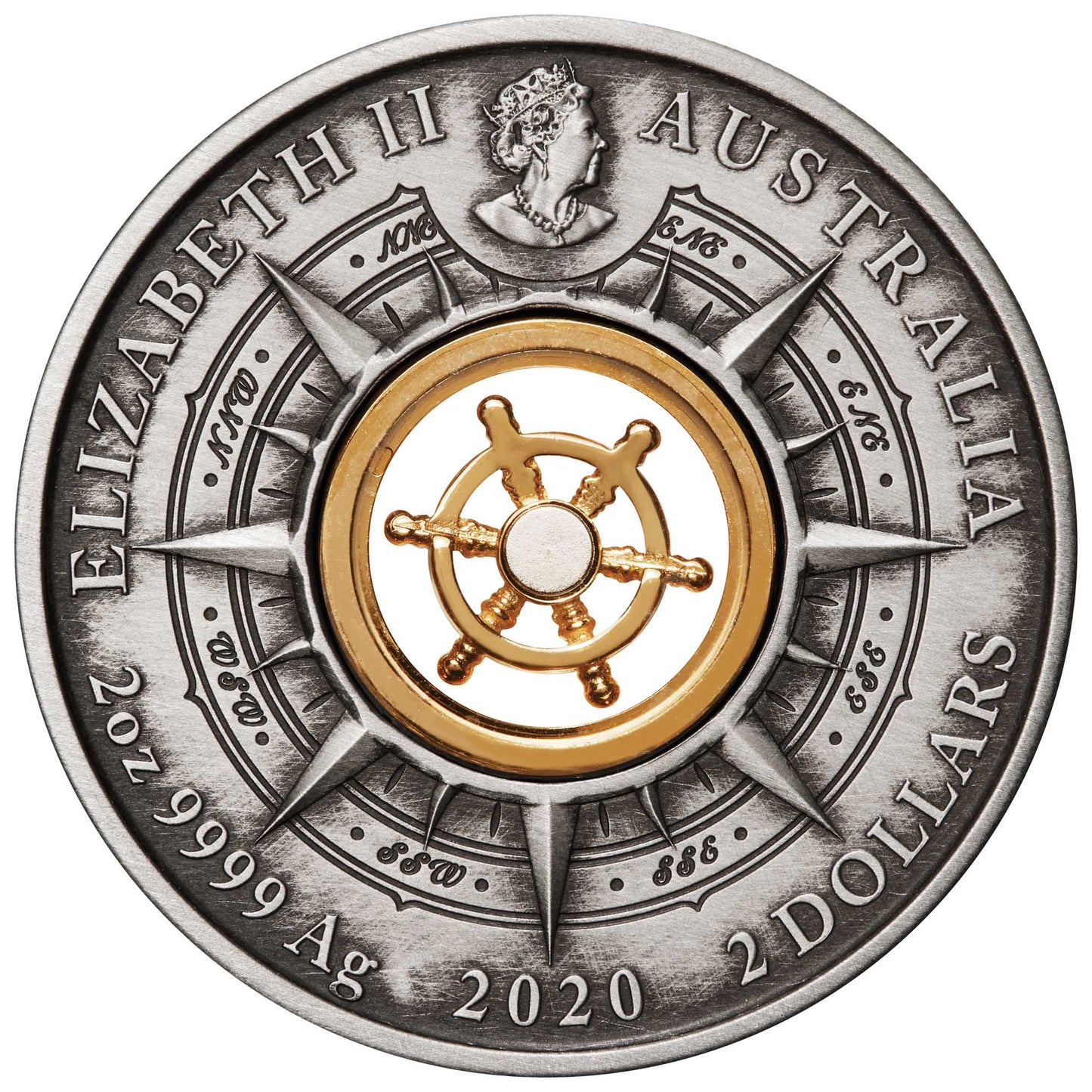 2020 $2 Voyage of Discovery Endeavour Rotating Helm 2oz Silver Antiqued Coin