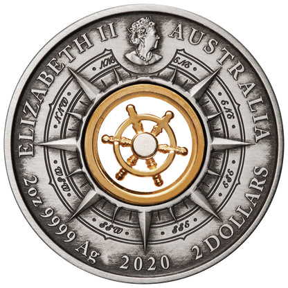 2020 $2 Voyage of Discovery Endeavour Rotating Helm 2oz Silver Antiqued Coin