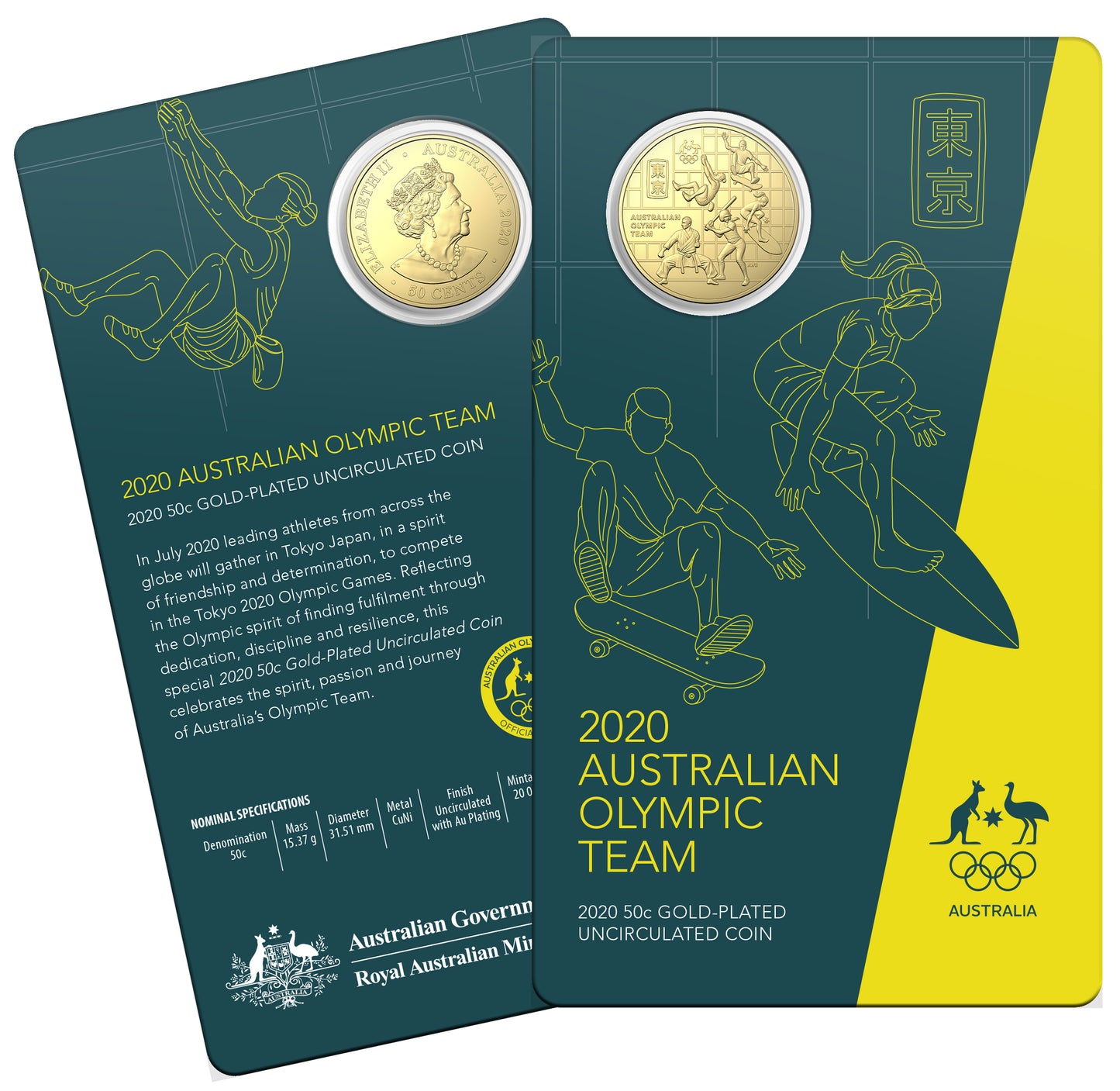 2020 50c Australian Olympic Team Gold Plated Uncirculated Coin