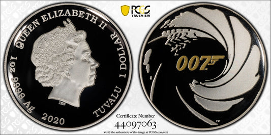 Tuvalu 2020 $1 James Bond 007 1oz Silver High Relief Proof Coin PCGS PR70DCAM