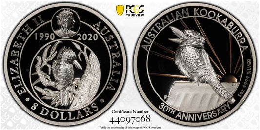 2020 $8 Australian Kookaburra 30 Year Anniversary Selectively Rose Gold Plated 5oz Silver High Relief Proof Coin PCGS PR69DCAM