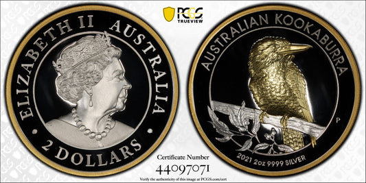 2021 $2 Australian Kookaburra Selectively Gold Plated 2oz Silver High Relief Proof Coin PCGS PR70DCAM