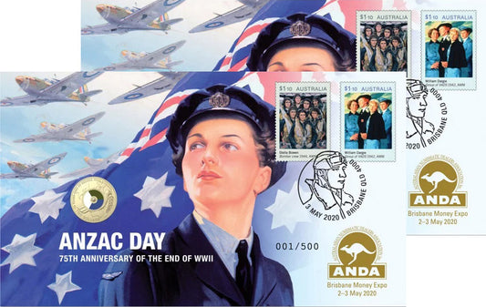 2020 $2 ANDA Brisbane ANZAC Day 75th Anniversary of The End of WWII 2 PNC Set