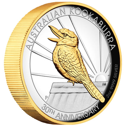 2020 $2 Australian Kookaburra 30 Year Anniversary Selectively Gold Plated 2oz Silver High Relief Proof Coin