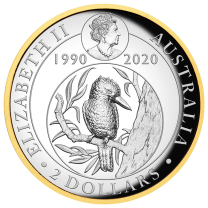 2020 $2 Australian Kookaburra 30 Year Anniversary Selectively Gold Plated 2oz Silver High Relief Proof Coin