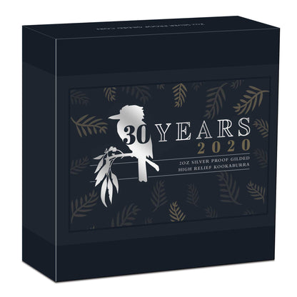 2020 $2 Australian Kookaburra 30 Year Anniversary Selectively Gold Plated 2oz Silver High Relief Proof Coin