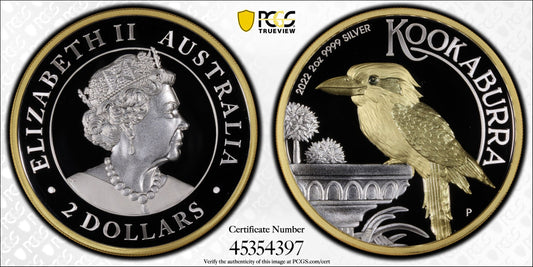2022 $2 Australian Kookaburra Selectively Gold Plated 2oz Silver High Relief Proof Coin PCGS PR70DCAM