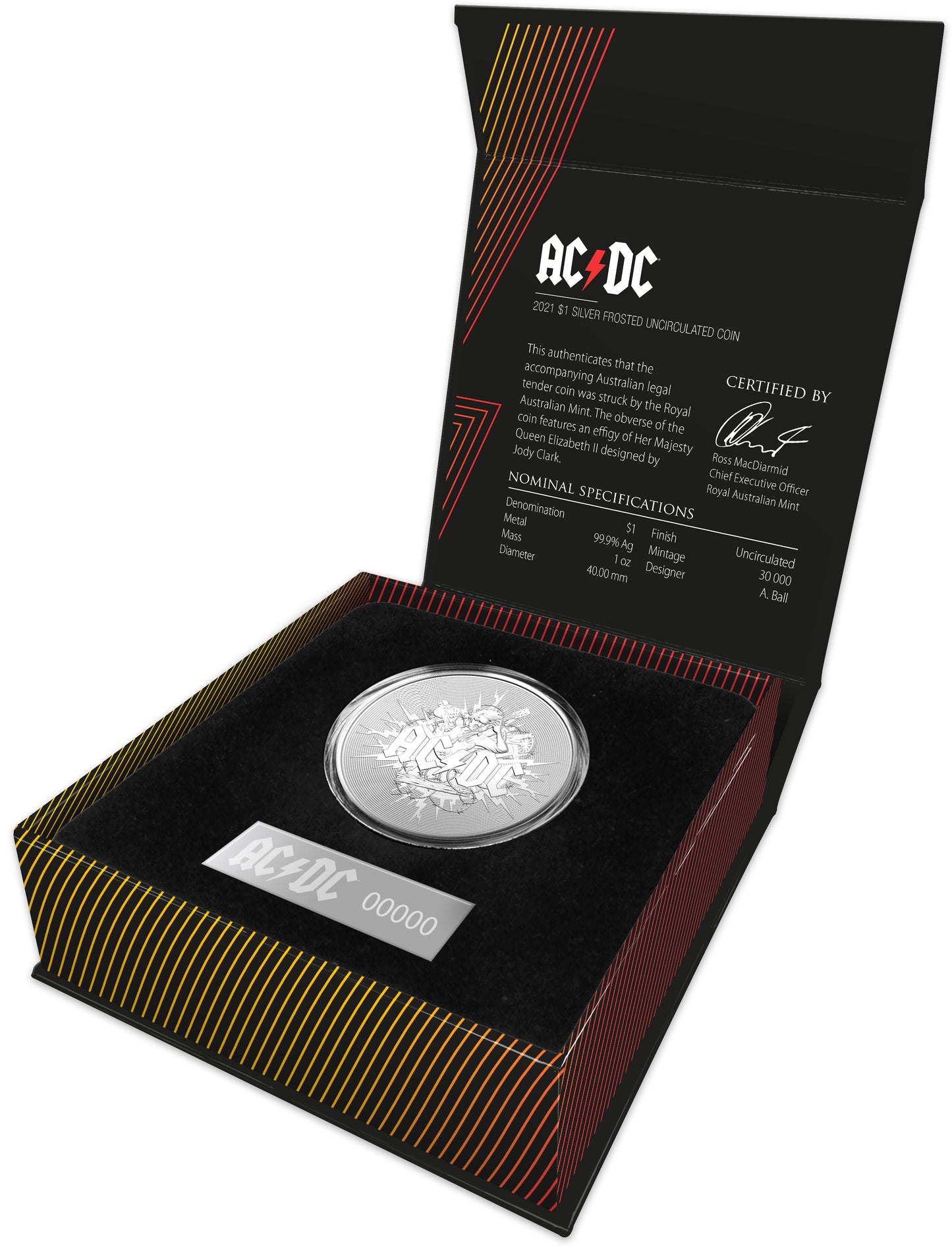 2021 $1 AC/DC 1oz Silver Frosted Uncirculated Coin