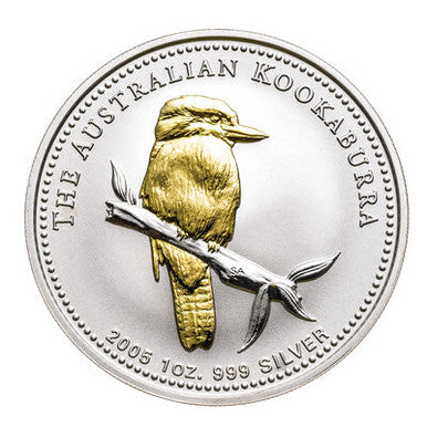 2005 $1 Australian Kookaburra 1oz Silver Gilded Coin