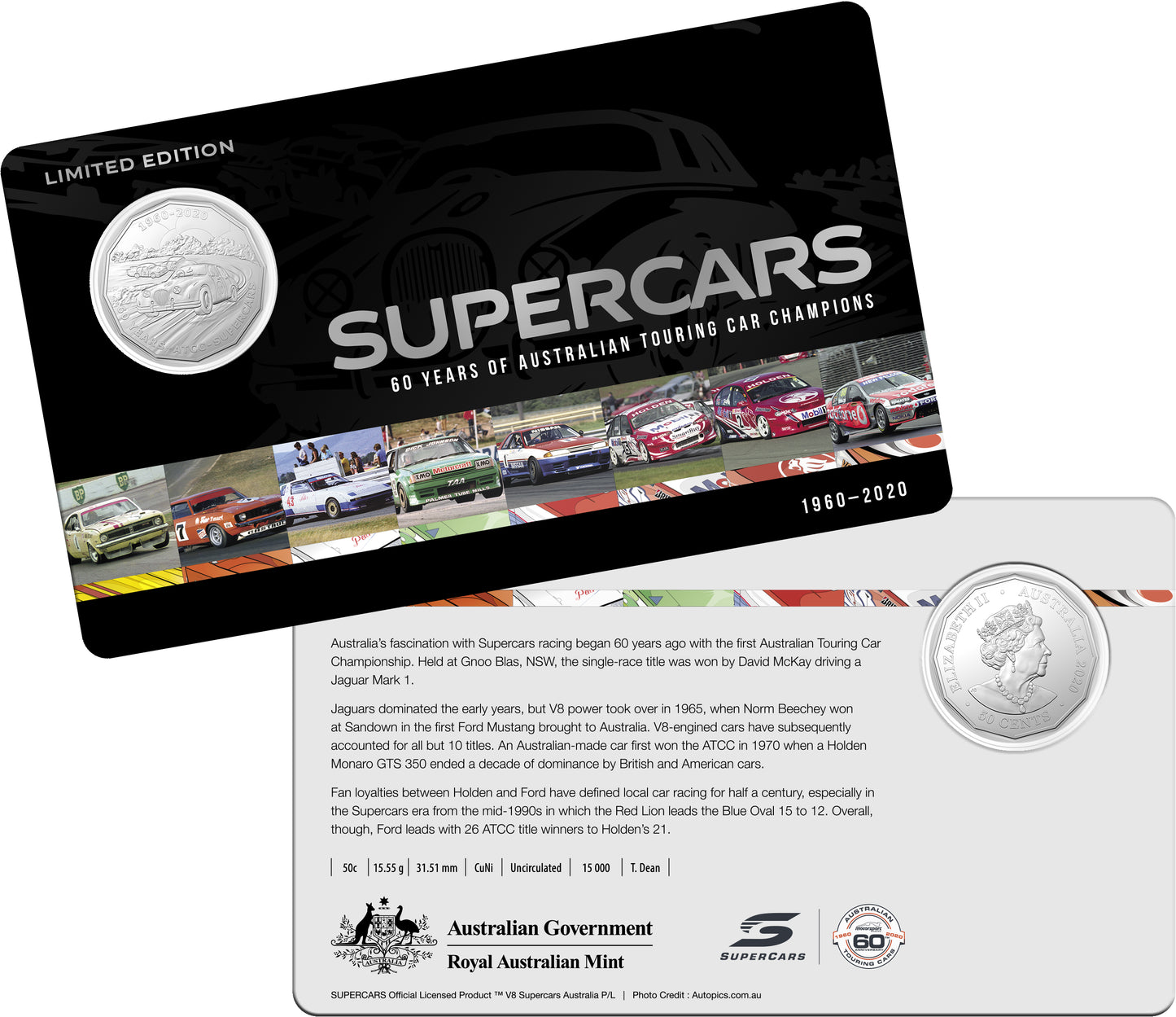 2020 50c 60 Years of Australian Supercars Coloured Uncirculated 9 Coin Set
