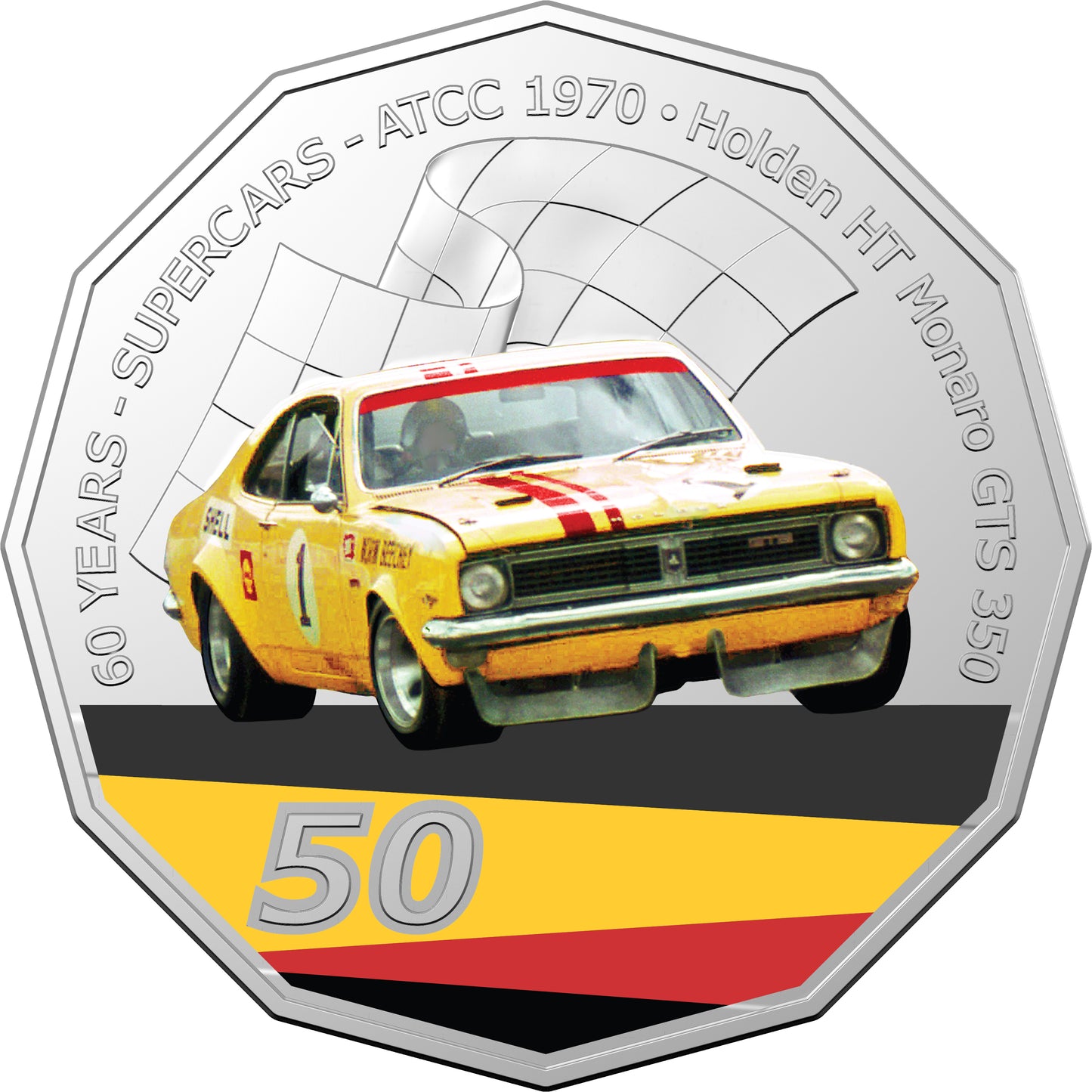 2020 50c 60 Years of Australian Supercars 1970 Holden Monaro Coloured Uncirculated Coin