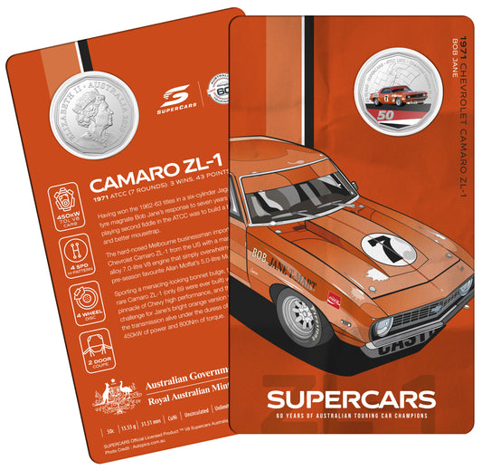 2020 50c 60 Years of Australian Supercars 1971 Chevrolet Camaro Coloured Uncirculated Coin