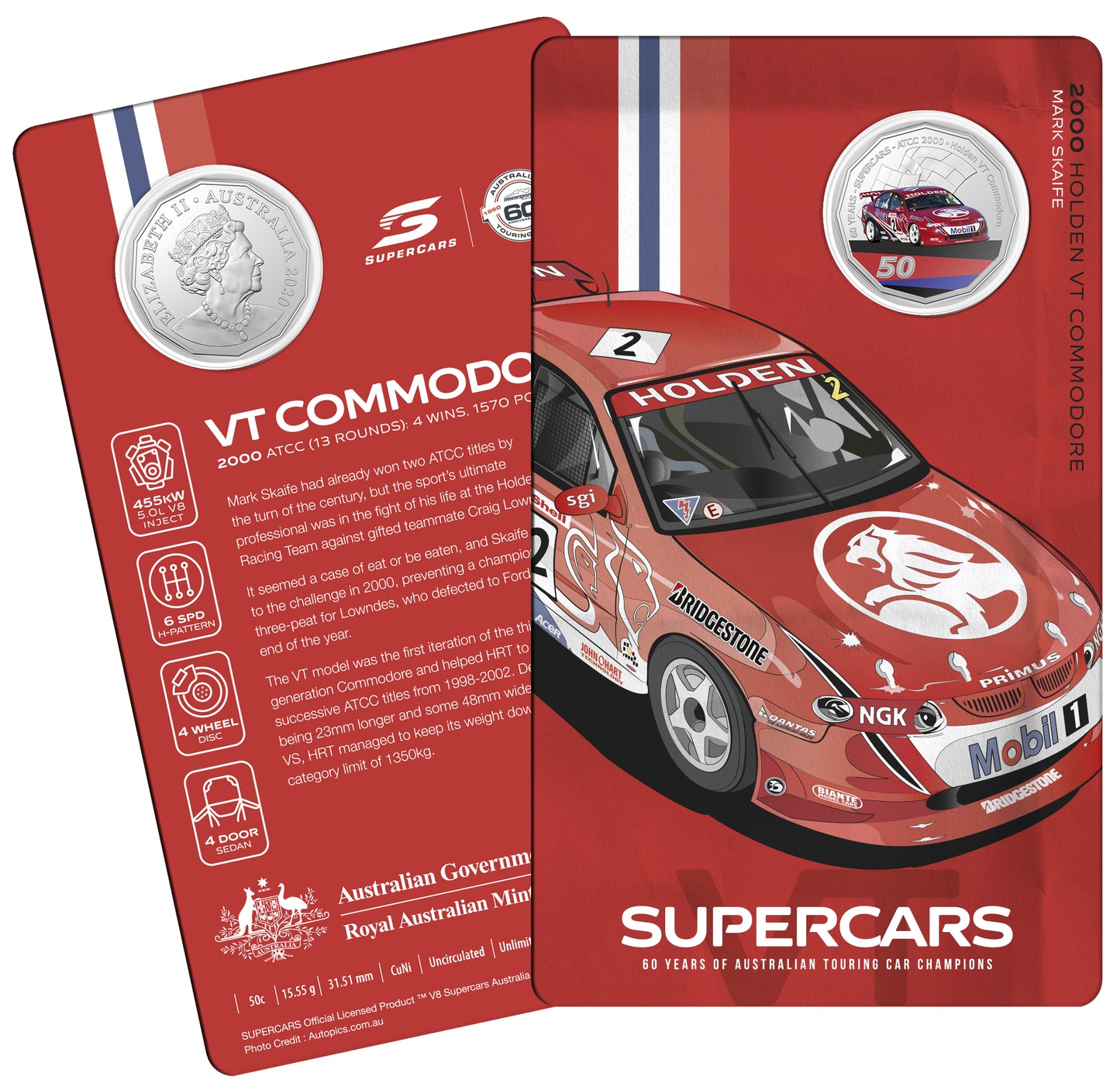 2020 50c 60 Years of Australian Supercars 2000 Holden VT Commodore Coloured Uncirculated Coin