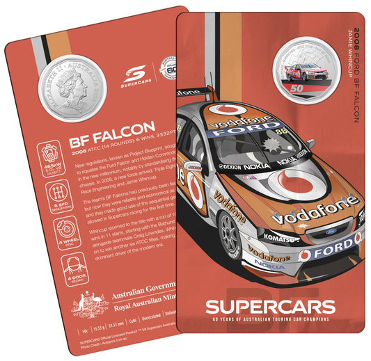 2020 50c 60 Years of Australian Supercars 2008 Ford BF Falcon Coloured Uncirculated Coin