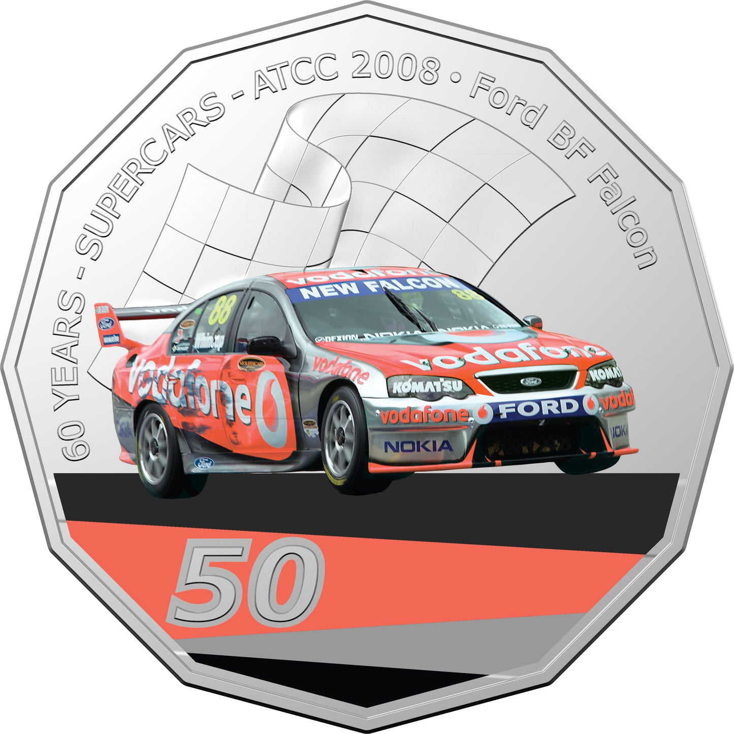 2020 50c 60 Years of Australian Supercars 2008 Ford BF Falcon Coloured Uncirculated Coin